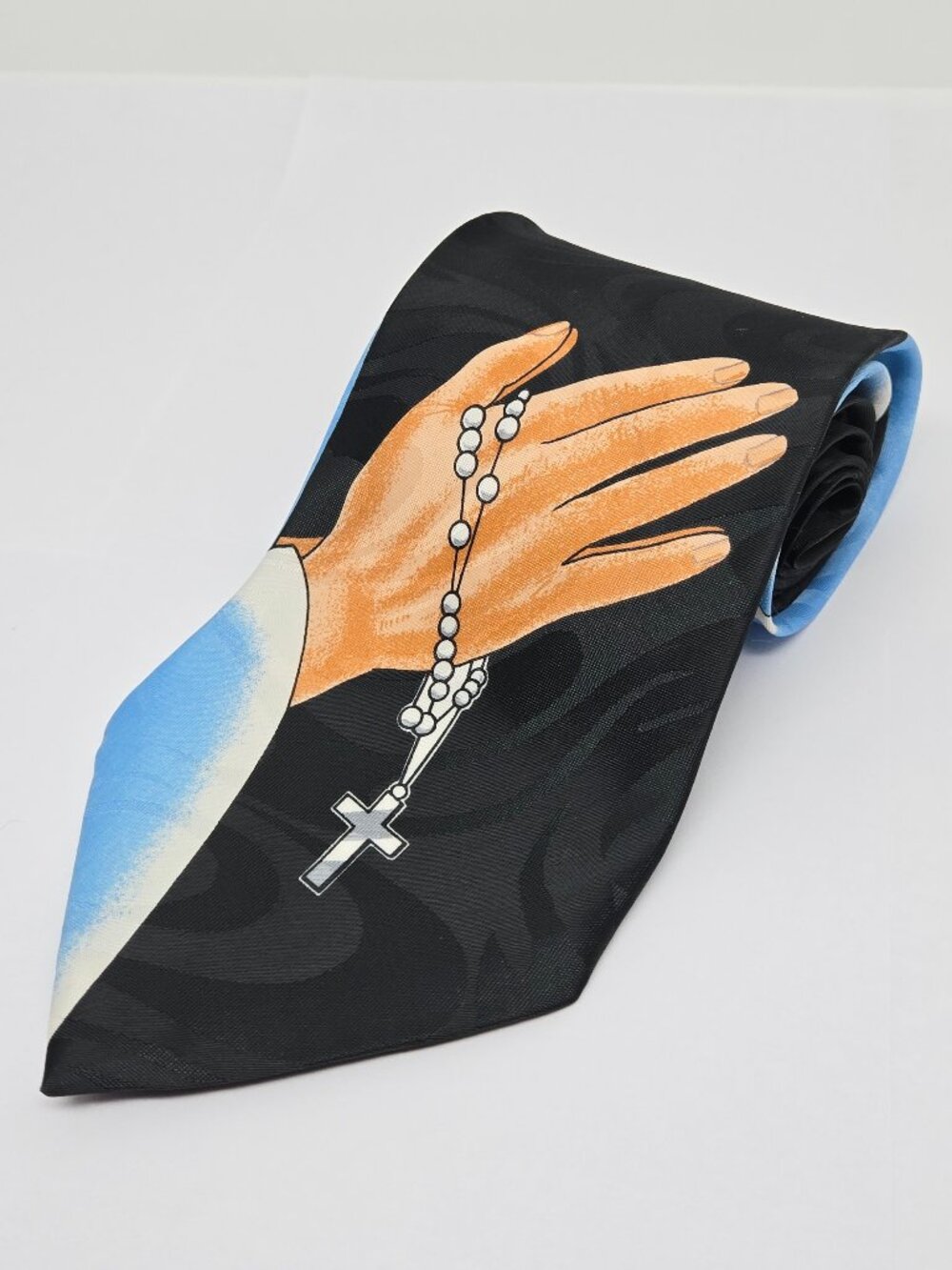 Silver Rain Prayer Hands, Rosary 100% Polyester Novelty Mens Tie